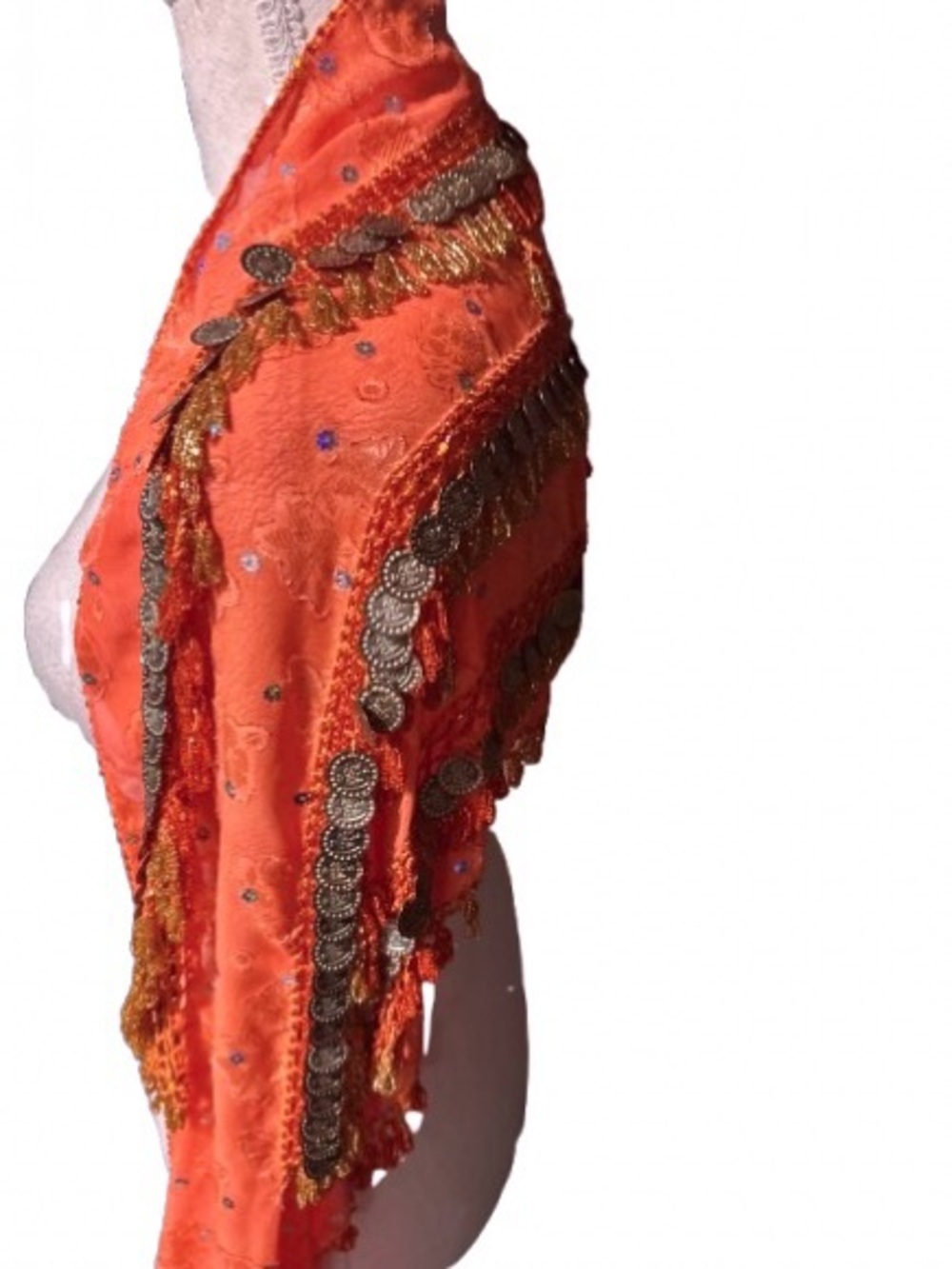 Vintage Belly Dancing Scarf Beaded Coins Floral Orange Red Fringe Shawl - Picture 9 of 12